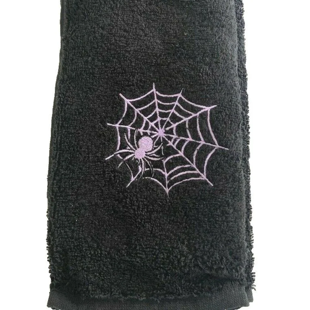 Halloween Hand Towels Purple Spider Web Embroidered Black Spooky Scary Set of 2